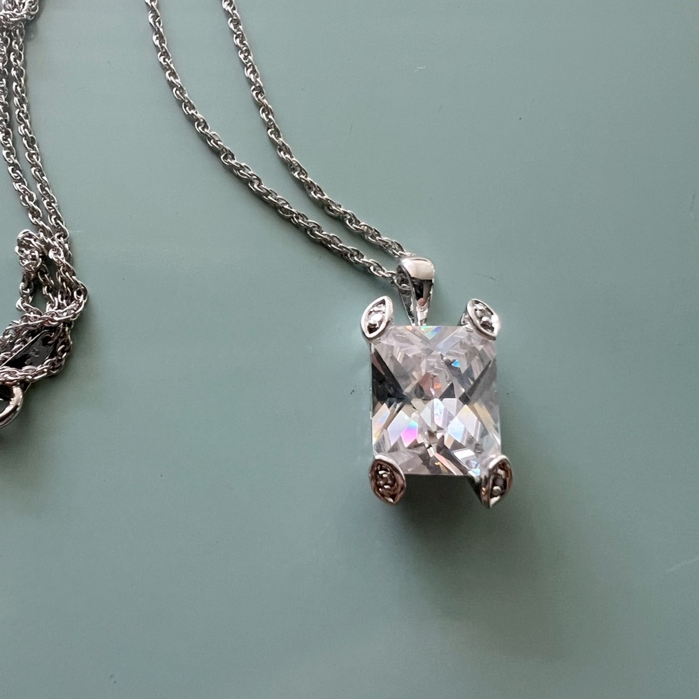 Very Rare Vintage Uncas Asscher Cut Lab Created Diamond  .925 Sterling Necklace